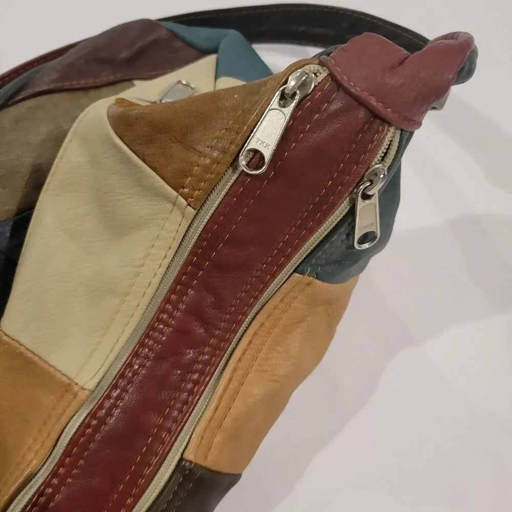 Vintage Boho Patchwork Genuine Leather Crossbody Shoulder Bag Made in Mexico